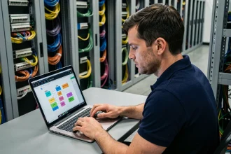 Ingénieur réseau configurant des VLANs sur un ordinateur portable dans une salle serveurs professionnelle avec des racks de switches et câbles ethernet colorés
