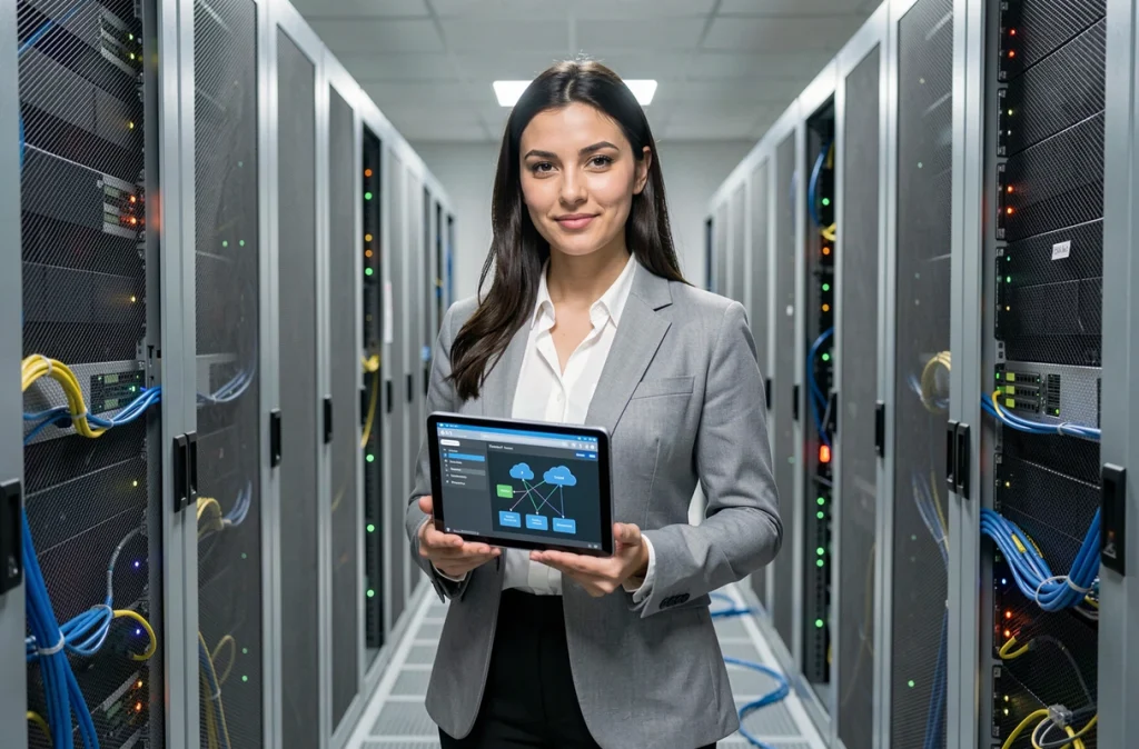 Ingénieure systèmes tenant une tablette avec une interface de gestion cloud dans une salle de serveurs d'entreprise remplie de racks informatiques