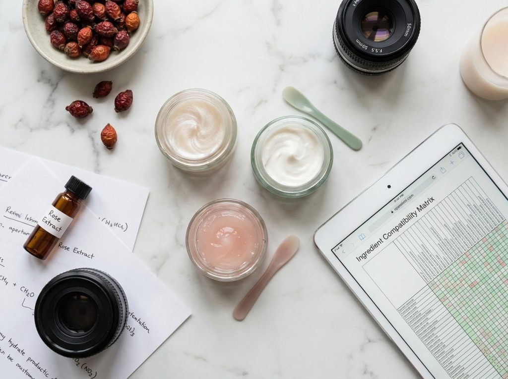Vue aérienne d'ingrédients cosmétiques naturels et de fiches de formulation assistées par IA sur marbre blanc