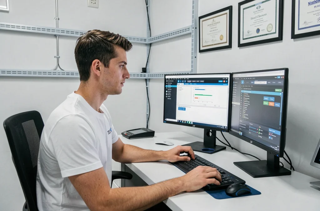 Technicien Innovzone effectuant un diagnostic informatique sur double écran dans un centre moderne