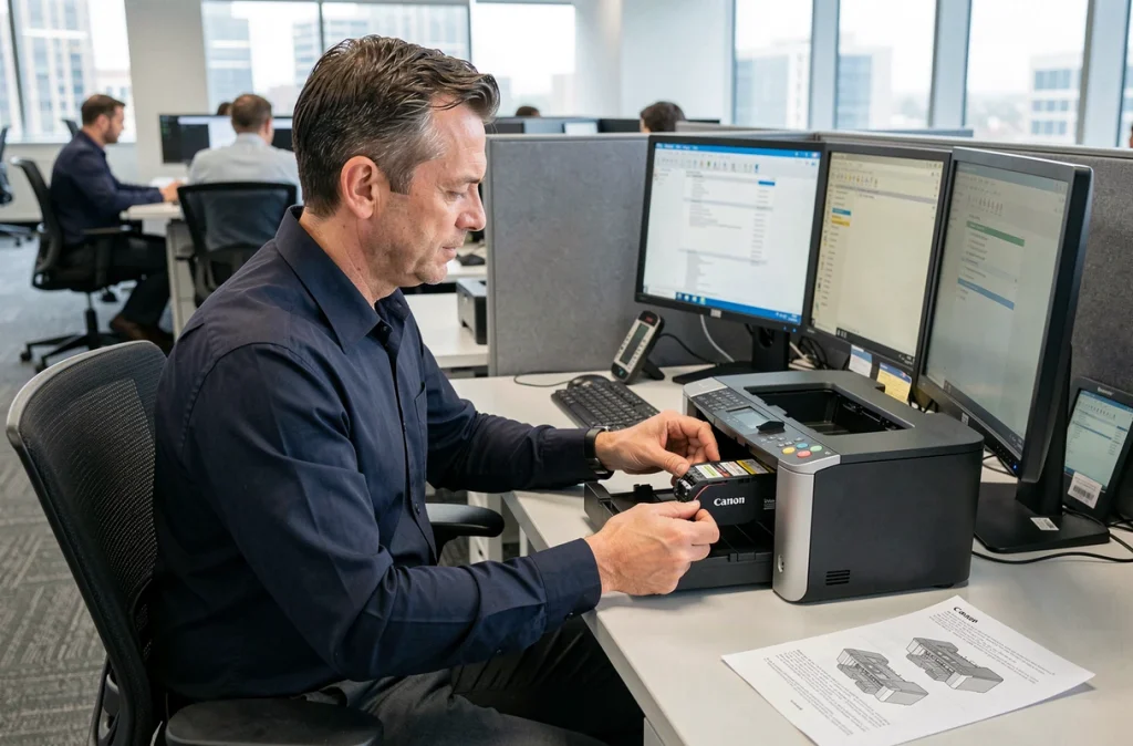 Homme installant une cartouche d'encre Canon sur un PC Windows dans un bureau professionnel en open space