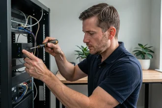 Technicien informatique installant un serveur NAS dans un rack professionnel dans un bureau moderne