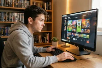 Jeune homme parcourant une boutique de jeux indépendants en promotion sur son ordinateur depuis son bureau à domicile