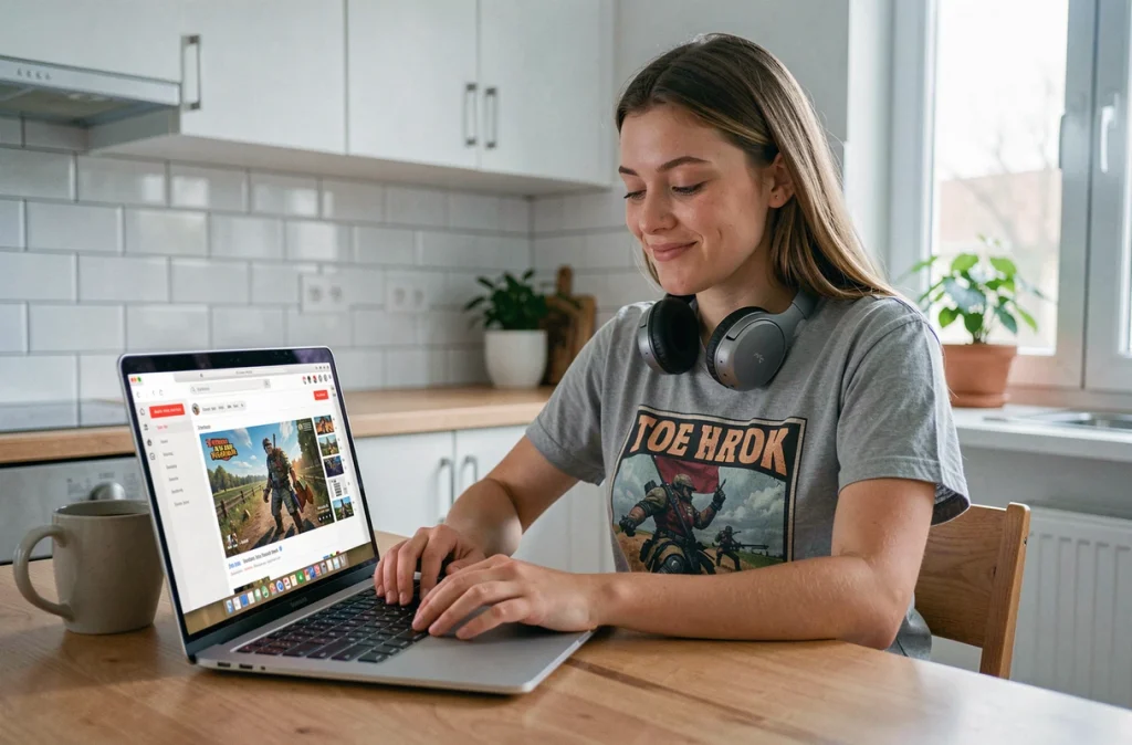 Joueuse partageant une capture d'écran de jeu en ligne via un site d'hébergement d'images sur son laptop