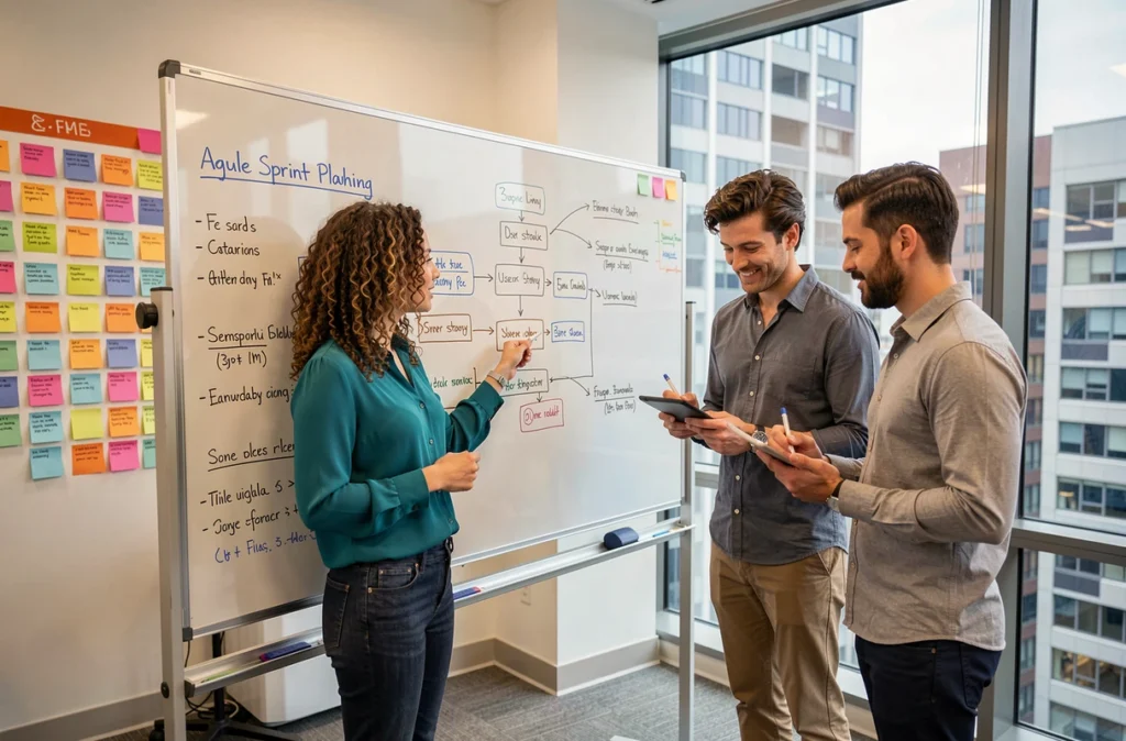 Équipe KINCY planifiant un sprint agile autour d'un tableau blanc avec des post-its et des diagrammes de flux dans un bureau moderne