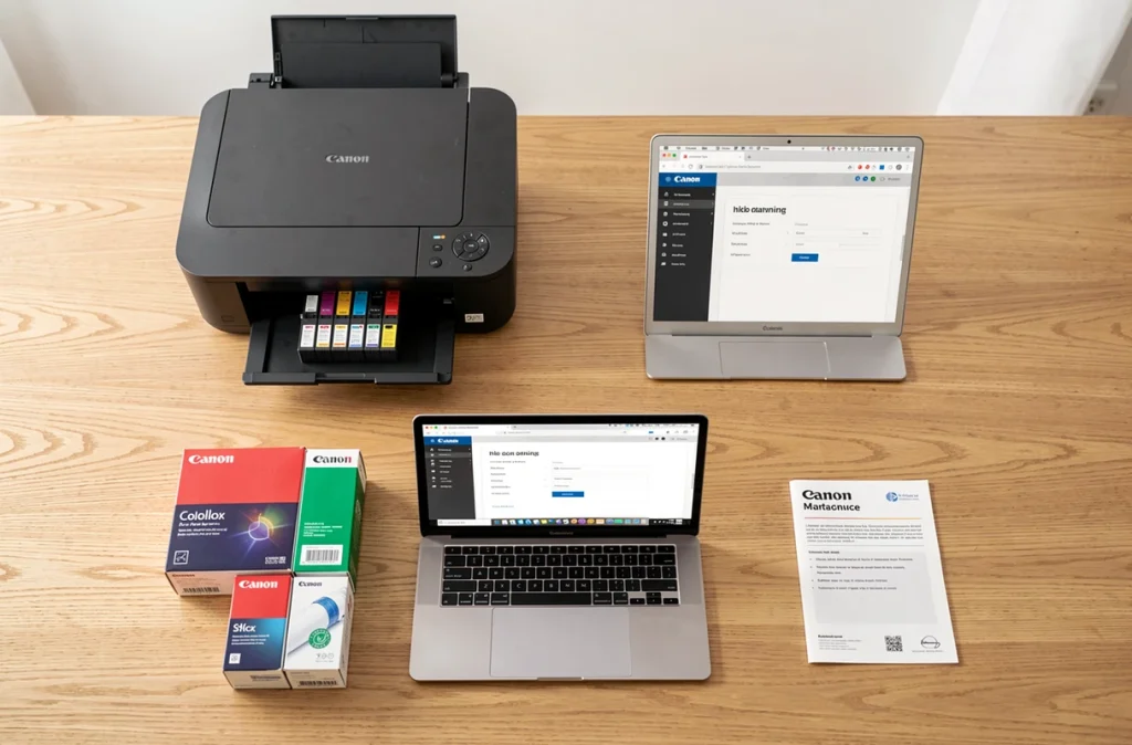 Vue aérienne d'un kit de cartouches d'encre Canon déballées avec un MacBook et une imprimante ouverte sur une table en bois