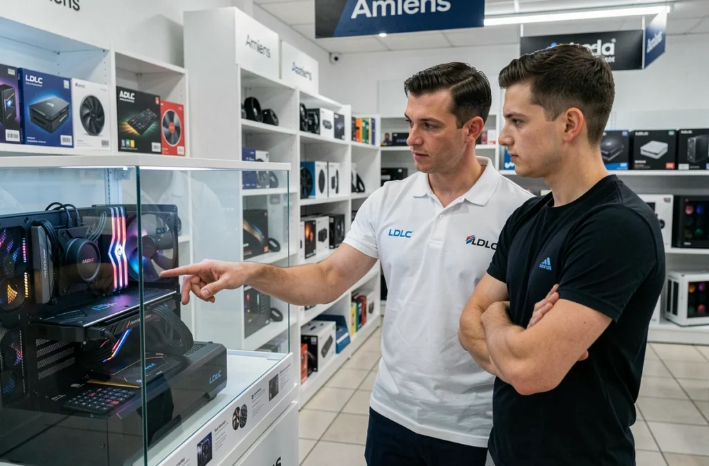 Vendeur LDLC présentant un PC de bureau à un client dans le magasin informatique spécialisé d'Amiens