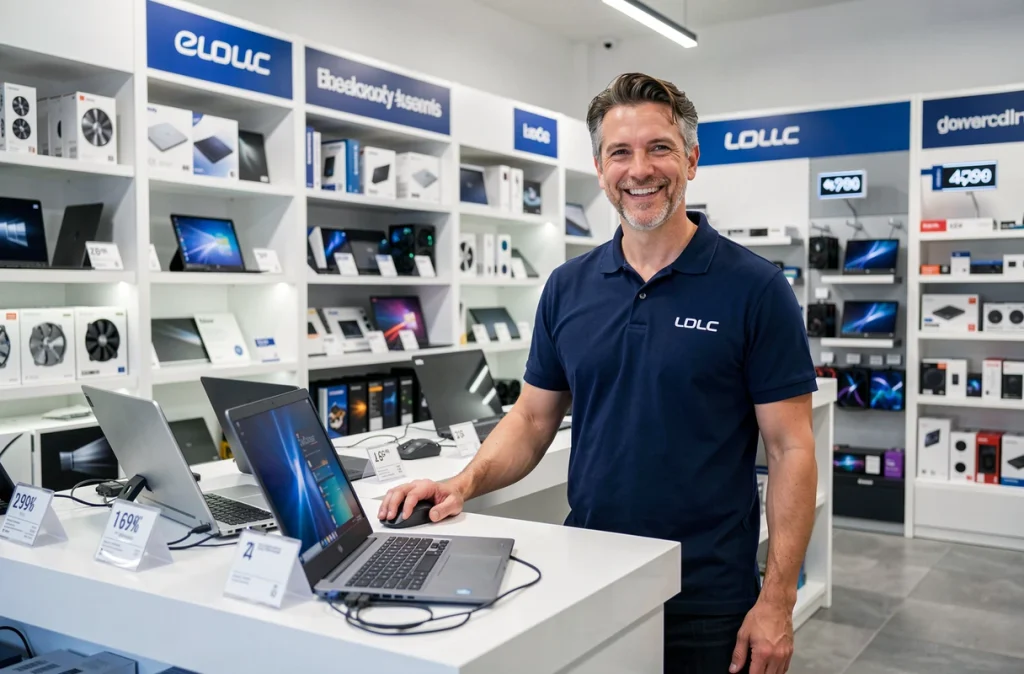 Vendeur LDLC La Roche-sur-Yon devant un comptoir d'ordinateurs portables dans le magasin