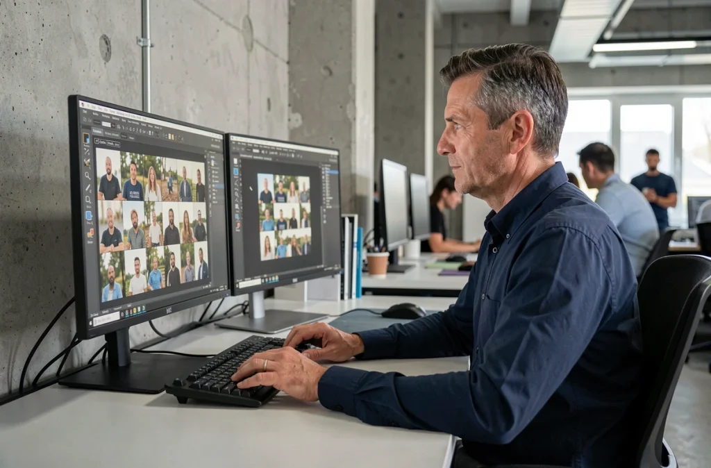 Homme utilisant un logiciel de retouche photo sur deux écrans pour fusionner et redimensionner des fichiers JPG dans un studio créatif