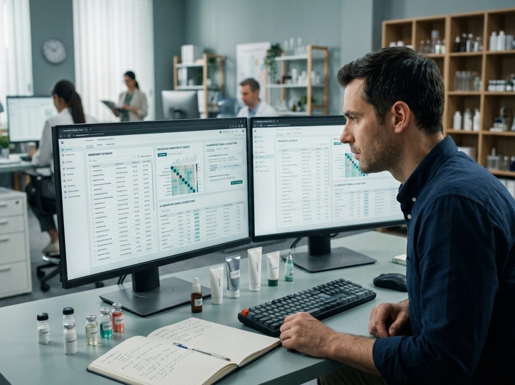 Développeur utilisant un logiciel d'intelligence artificielle pour la formulation cosmétique sur un poste de travail en bureau R&D