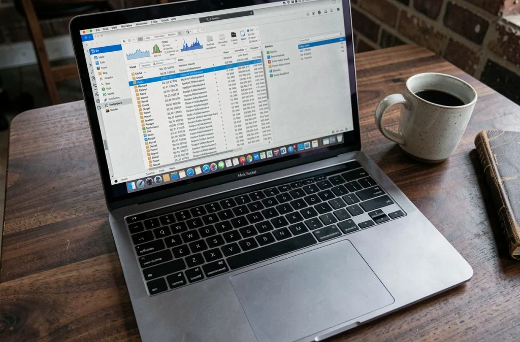 Vue rapprochée d'un MacBook Pro affichant le gestionnaire de tâches dans un café au décor en bois