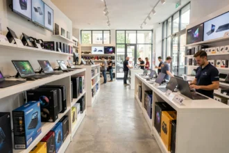 Intérieur d'un grand magasin informatique dans les Hauts-de-France avec rayons de produits high-tech et clients en train de naviguer