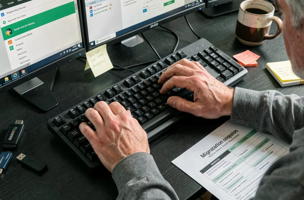 Mains d'un technicien saisissant des commandes de migration entre Windows et Ubuntu sur un clavier mécanique