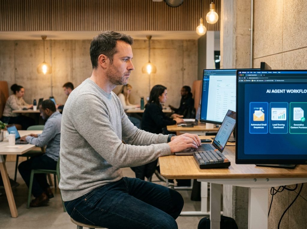 Marketeur B2B utilisant un agent IA autonome pour automatiser des campagnes dans un espace de coworking contemporain