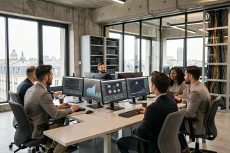 Équipe de professionnels IT dans un centre d'infogérance moderne à Paris, entourés d'écrans de supervision réseau