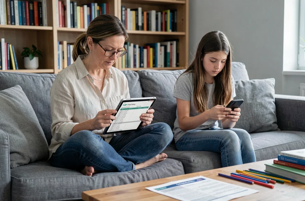 Mère et fille vérifiant ensemble la liste de réglages ENT sur tablette et smartphone avant la rentrée