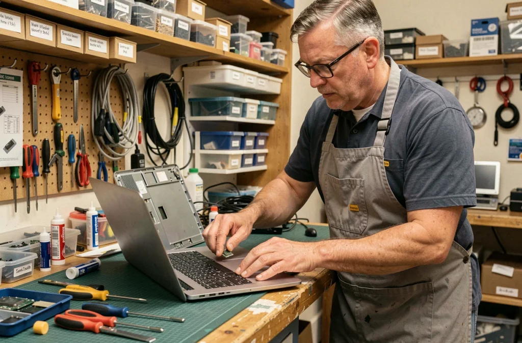 Technicien réparant un ordinateur portable dans l'atelier de Micro Logis à Pecquencourt
