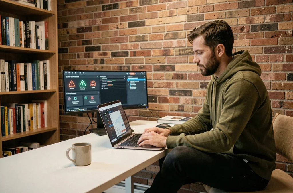 Homme en télétravail installant une mise à jour critique de cybersécurité sur son ordinateur portable à domicile