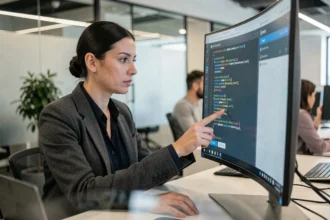 Professionnelle informatique examinant une mise à jour de sécurité logicielle sur un grand écran dans un bureau moderne