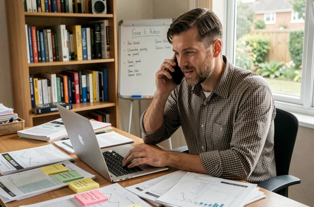 Technicien de Mon-Informaticien.com au téléphone depuis son bureau à domicile pour un service de réparation mobile