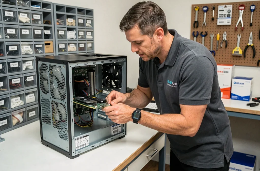 Technicien Obug remplaçant une carte graphique dans un ordinateur de bureau ouvert en atelier