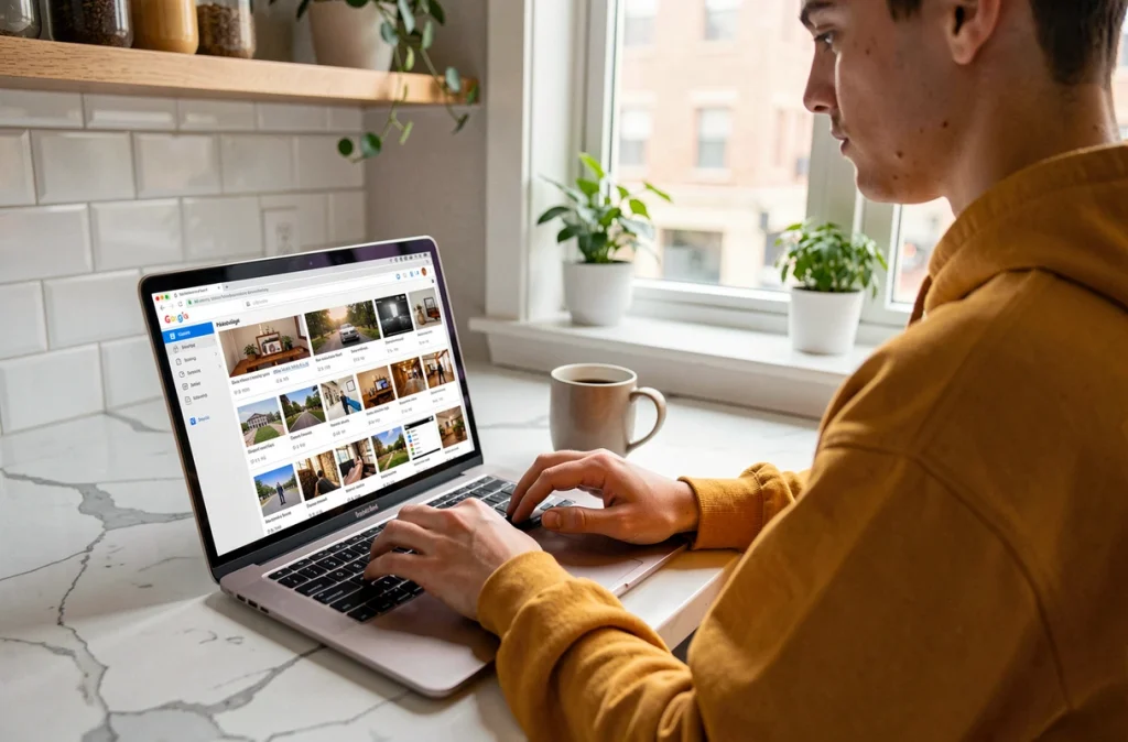 Jeune personne utilisant un outil en ligne de traitement par lot pour fusionner et redimensionner des images JPG depuis un comptoir de cuisine