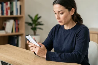Femme consultant les paramètres de confidentialité de WhatsApp sur son smartphone dans un bureau à domicile