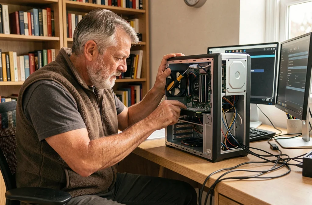 Technicien indépendant Patrice Plouviez réparant un ordinateur de bureau à domicile à Beaurains