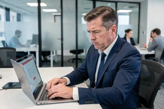 Professionnel en costume scrutant un email de phishing suspect sur son ordinateur portable dans un bureau moderne