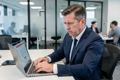 Professionnel en costume scrutant un email de phishing suspect sur son ordinateur portable dans un bureau moderne