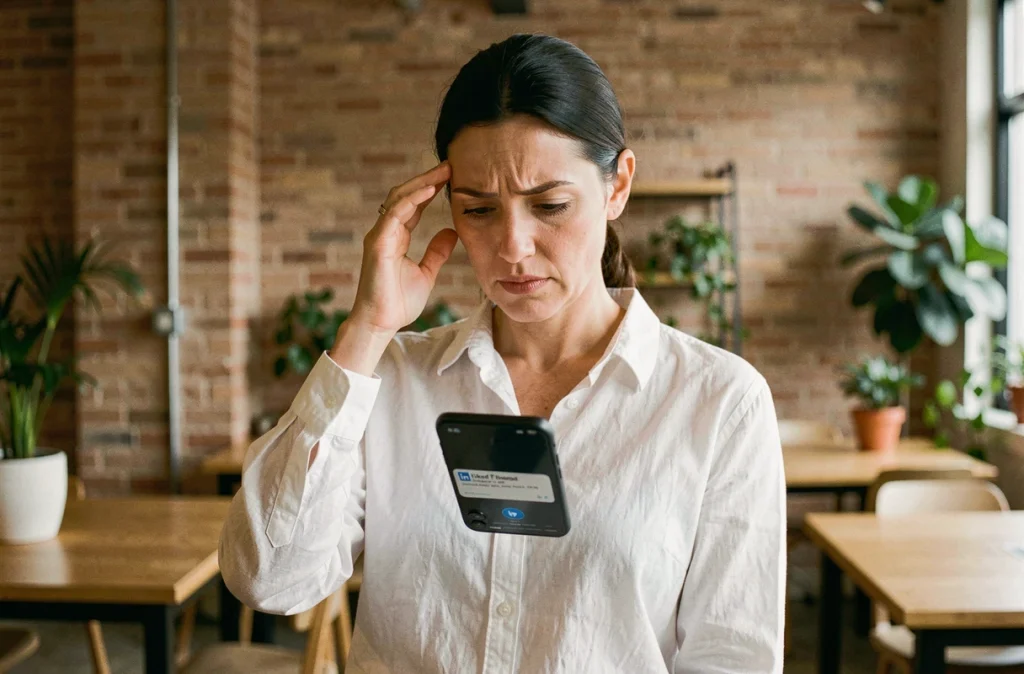 Femme professionnelle méfiante consultant une fausse notification LinkedIn sur son smartphone dans un espace de coworking
