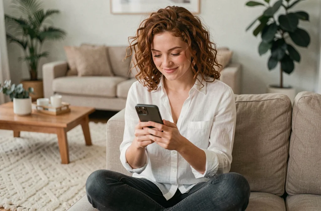 Jeune femme soulagée après avoir récupéré des photos supprimées sur son iPhone dans un salon cosy