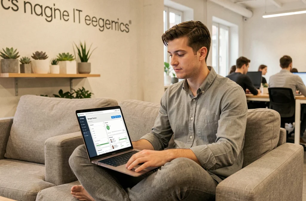 Consultant services IT managés de Pikka dans un espace de travail moderne parisien, gérant un portail client sur ordinateur portable