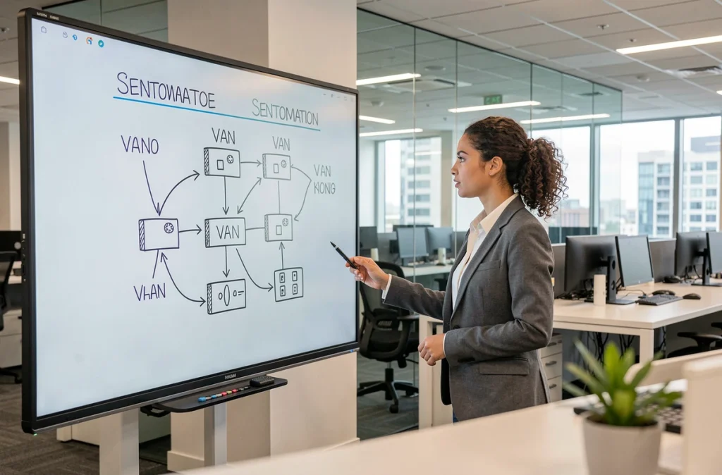 Femme informaticienne présentant un schéma de segmentation réseau VLAN sur un tableau blanc interactif dans un bureau open-space moderne