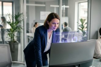Professionnelle analysant des tableaux de bord d'IA générative pour une stratégie marketing B2B dans un bureau moderne