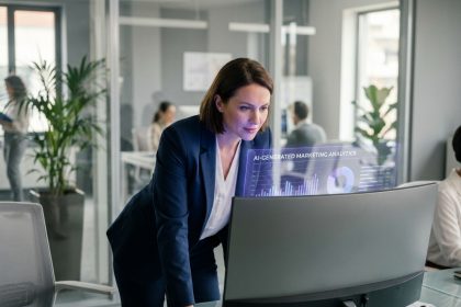Professionnelle analysant des tableaux de bord d'IA générative pour une stratégie marketing B2B dans un bureau moderne