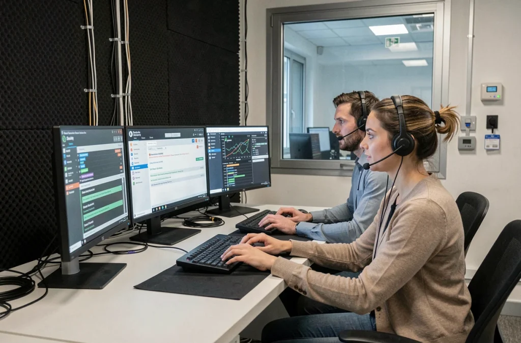 Deux analystes du SOC externalisé de Provectio surveillant des alertes de cybersécurité pour PME dans un bureau parisien