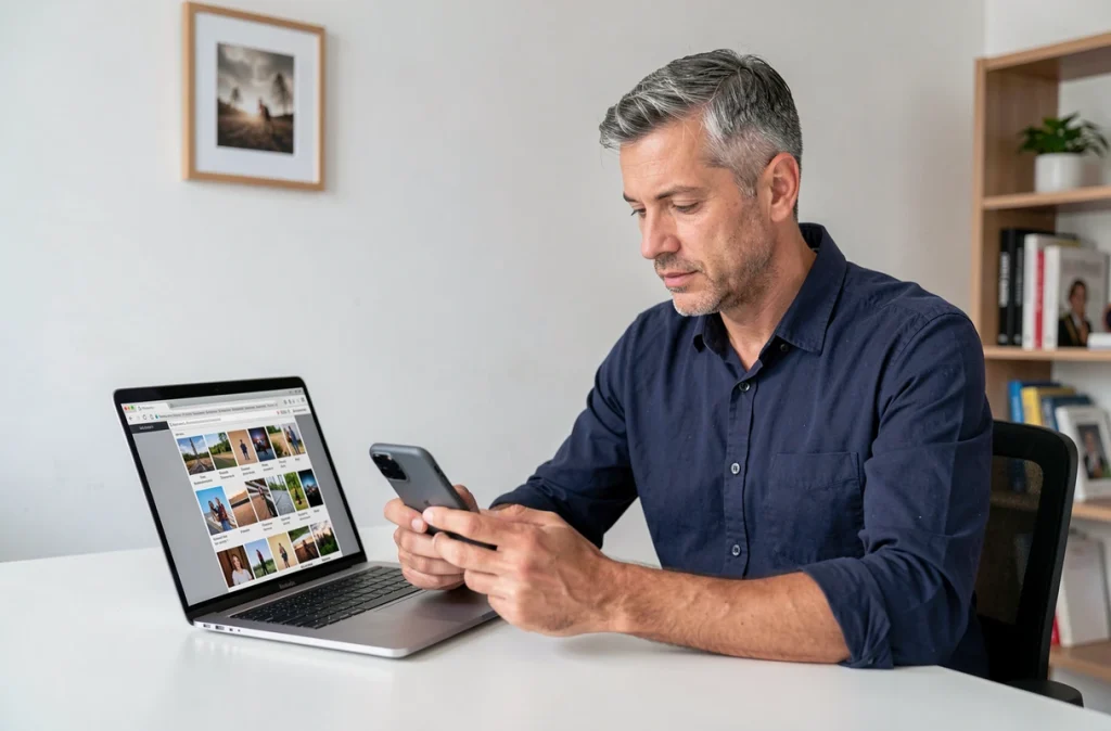 Homme utilisant un iPhone et un MacBook pour récupérer des photos effacées dans un bureau à domicile