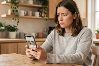 Femme consultant son iPhone pour récupérer des photos supprimées par erreur dans une cuisine moderne