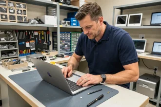 Technicien informatique réparant un ordinateur portable dans un atelier professionnel en Vendée