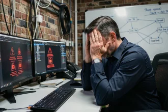 Responsable informatique stressé face à une alerte de ransomware sur ses écrans dans une PME française