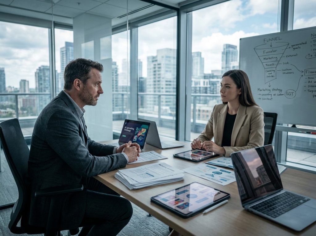 Deux professionnels B2B en réunion stratégique autour de données marketing générées par intelligence artificielle agentique