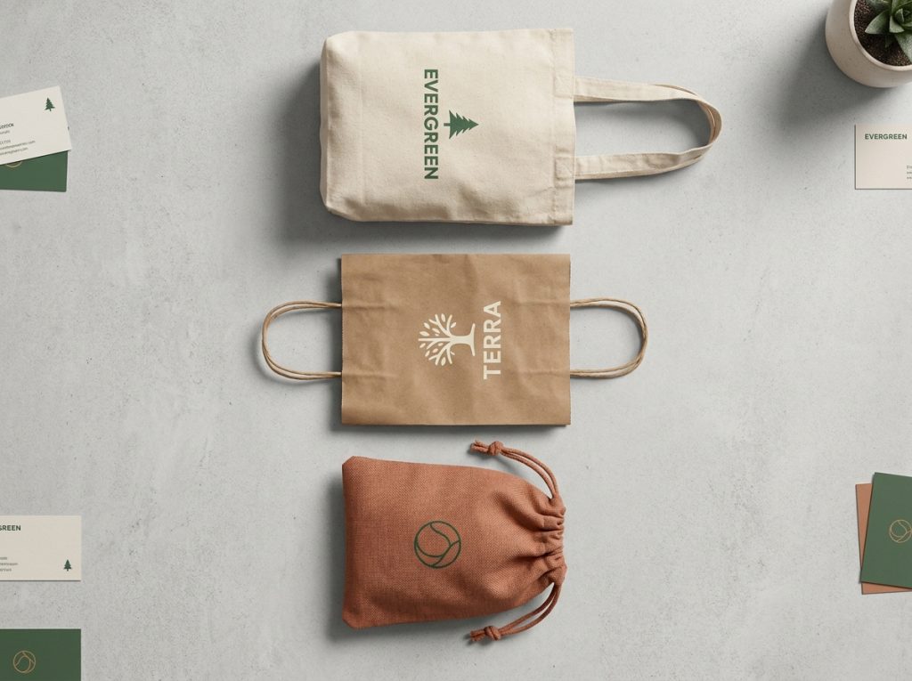 Trois modèles de sacs publicitaires personnalisés en vue flatlay sur fond béton, tote bag, sac kraft et pochon