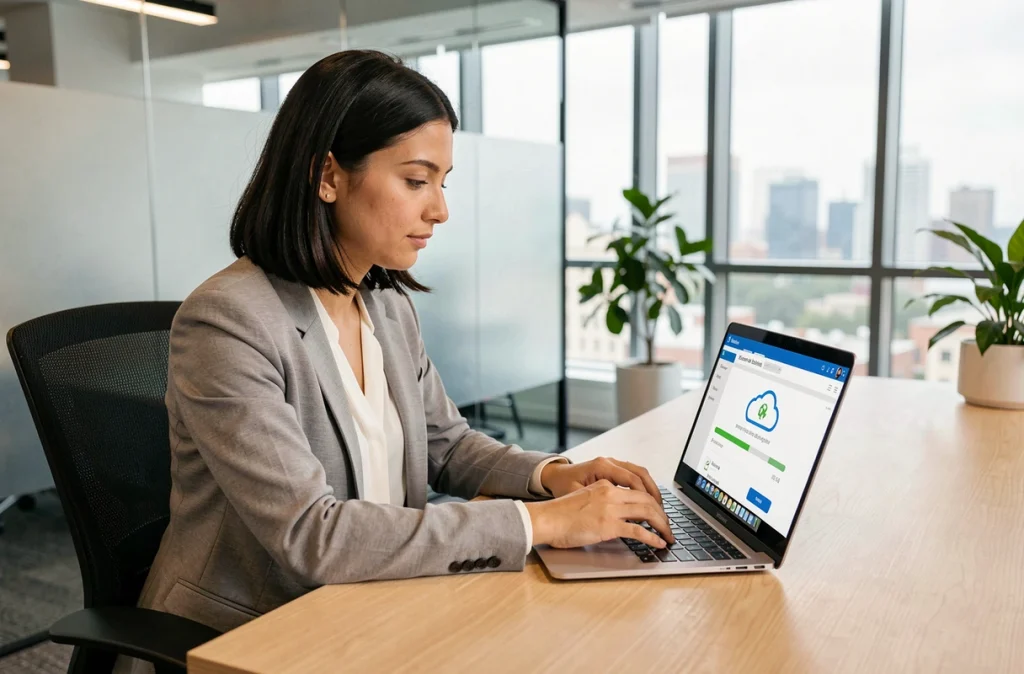 Femme en bureau gérant une sauvegarde automatique dans le cloud sur son ordinateur portable
