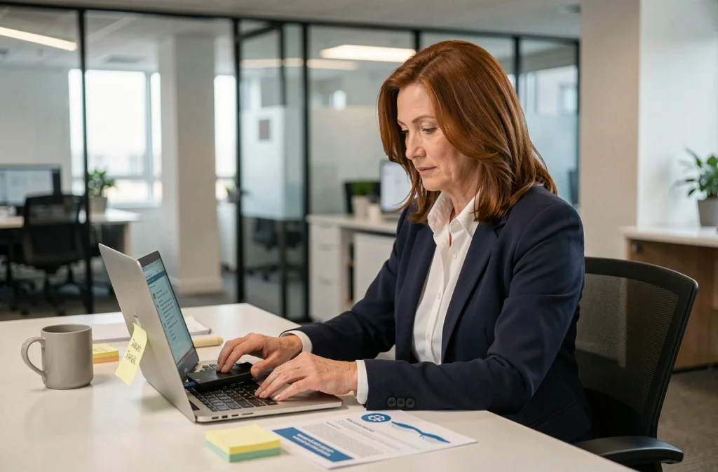 Femme d'affaires effectuant une sauvegarde de données sur disque dur externe au bureau