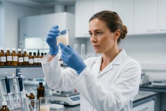 Scientifique en cosmétique analysant une émulsion dans un laboratoire moderne équipé d'outils de formulation avancés