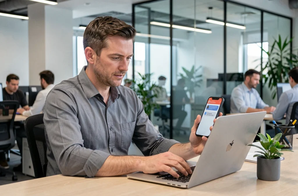 Homme sécurisant ses appareils numériques dans un bureau professionnel moderne avec notifications WhatsApp