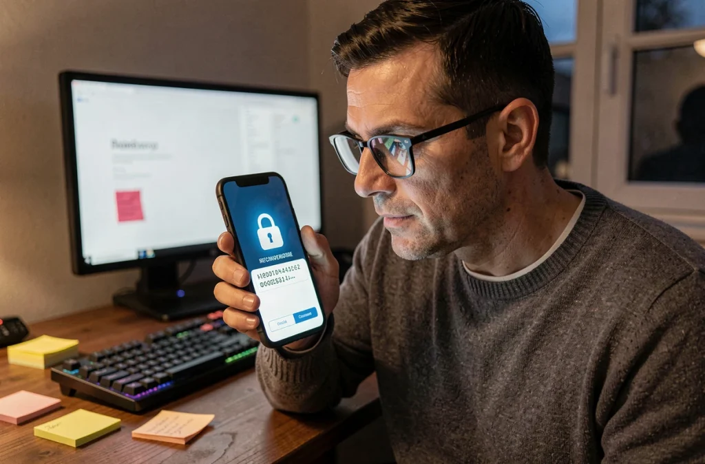 Un homme consultant un écran de sécurité avec authentification chiffrée sur son smartphone dans un bureau à domicile