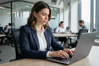 Femme professionnelle tapant un mot de passe complexe sur son ordinateur portable dans un bureau moderne