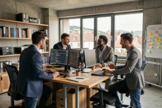 Équipe de développeurs logiciels collaborant dans un bureau moderne en Bourgogne-Franche-Comté, illustrant le secteur du développement informatique régional